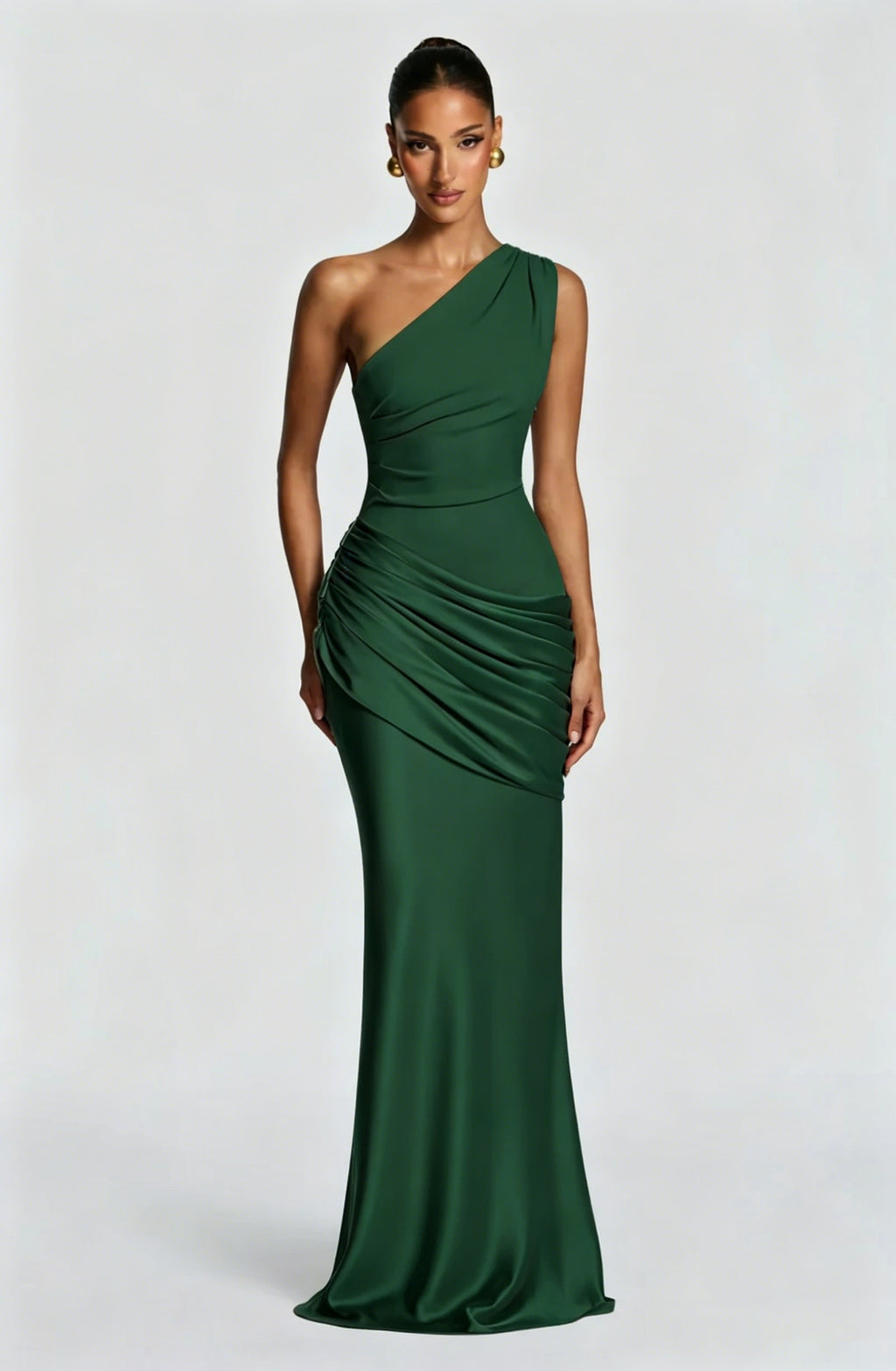 One-Shoulder Ruched Satin Maxi Dress in dark green