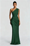 One-Shoulder Ruched Satin Maxi Dress in dark green