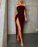 Sequin Strapless High Slit Maxi Gown in burgundy
