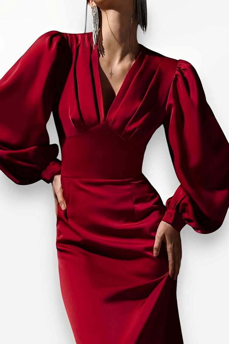 Lantern Sleeve Red Mid-Length Dress - view 2