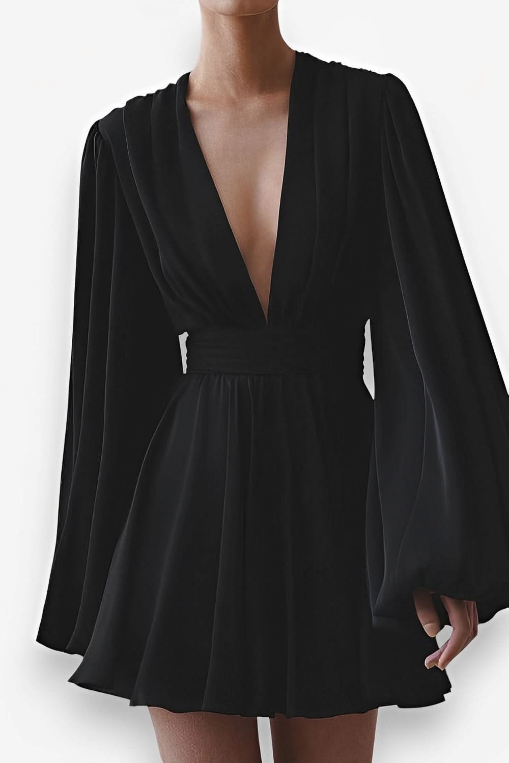 Puff sleeve V-neck short black dress - Dresses from The Woman Concept