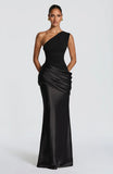 One-Shoulder Ruched Satin Maxi Dress in black