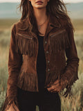 Faux Suede Fringe Western Jacket in dark brown