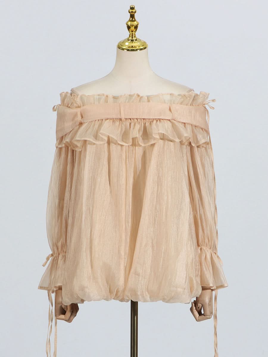 Off-Shoulder Beige Ruffle Chiffon Blouse - Detail