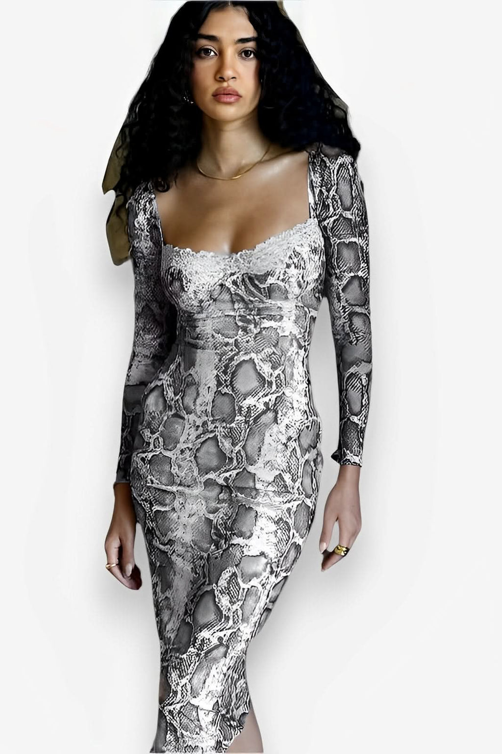 Snake print collar long-sleeved slim dress - dresses from The Woman Concept