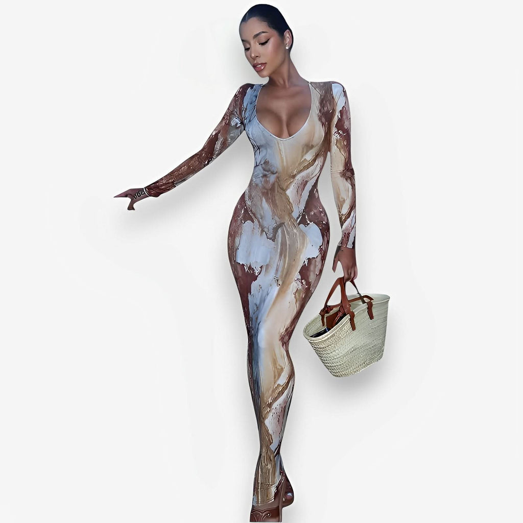 Printed V-neck slim long dress - Dresses from The Woman Concept