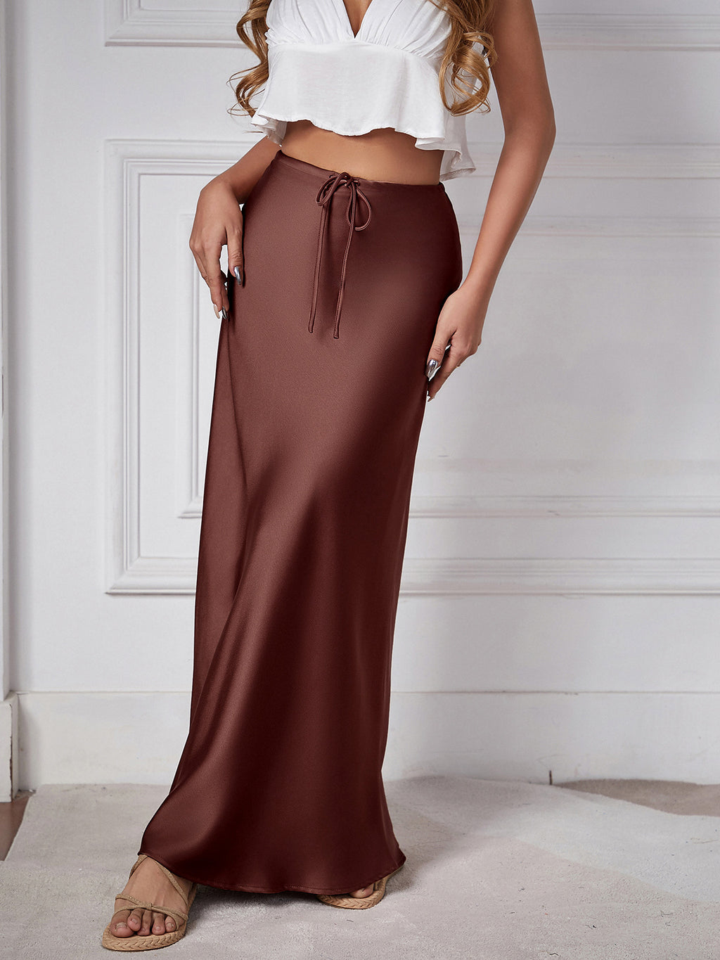Satin Drawstring Midi Skirt in chocolate – view 4