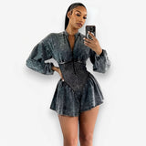 Long-sleeved Slim Waist Half-zip Jumpsuit - Grey / S