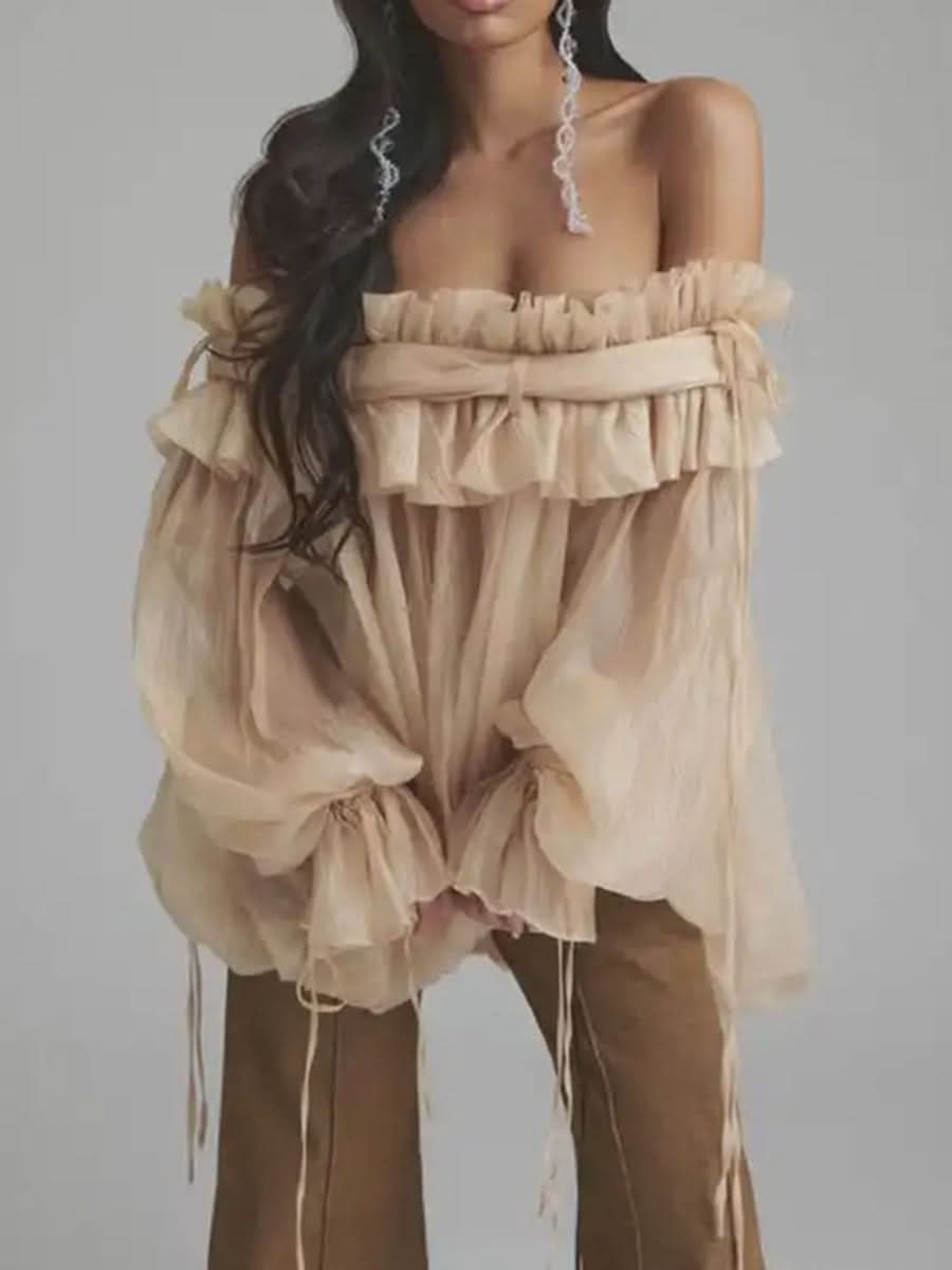 Off-Shoulder Beige Ruffle Chiffon Blouse - Side View