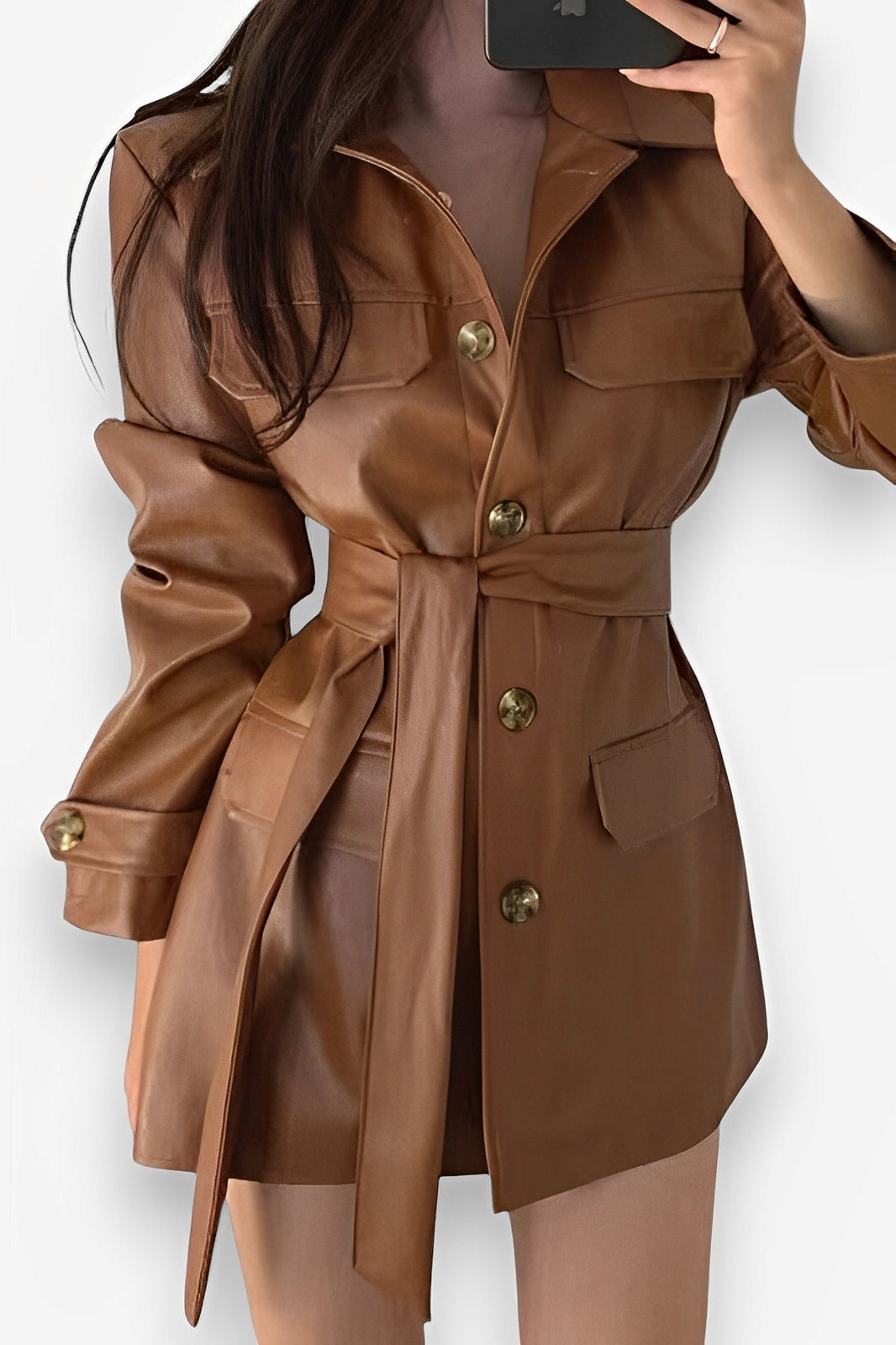 Retro lace-up mid-length PU leather jacket