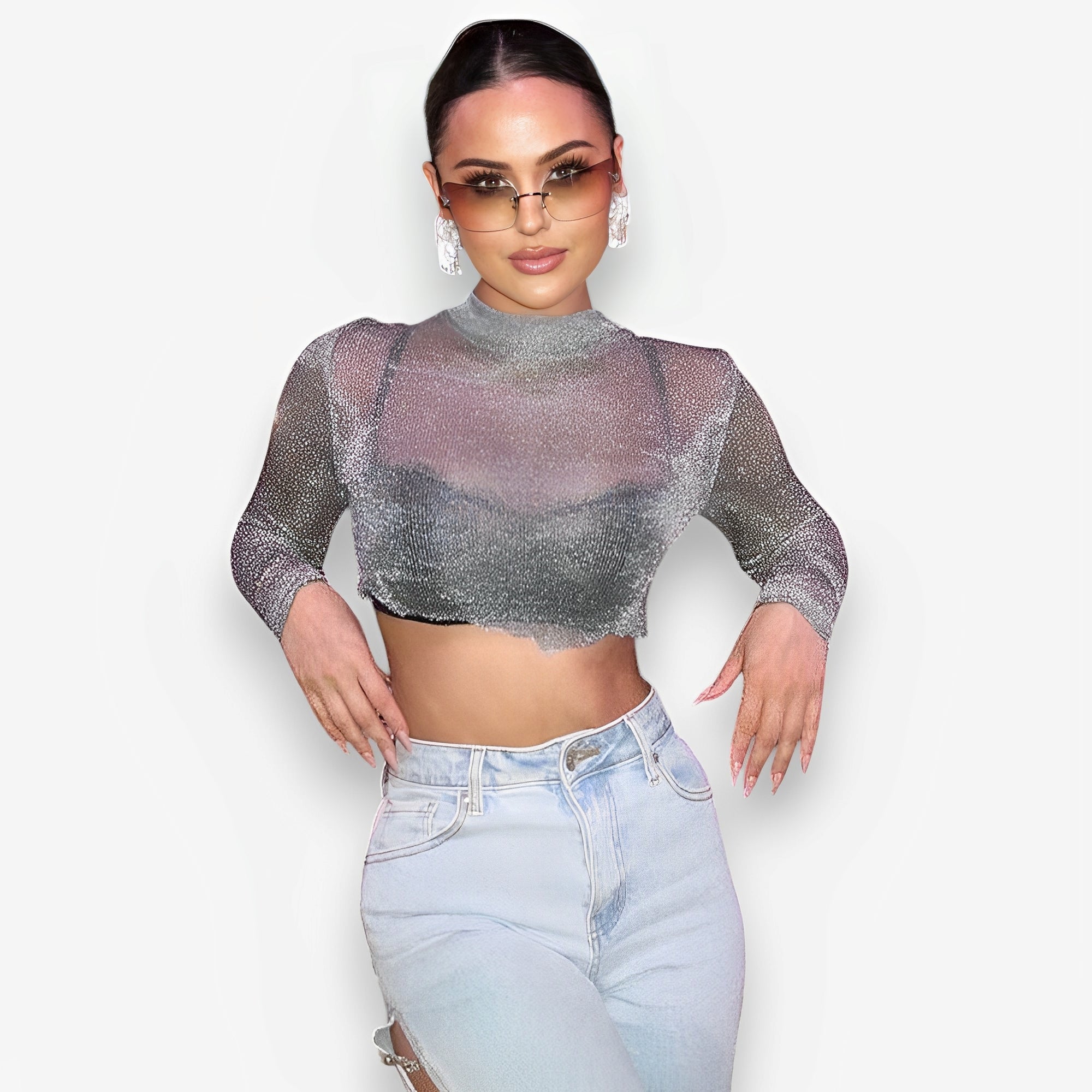 Short long-sleeved navel-baring T-shirt