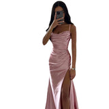 Satin Cowl Neck Ruched Slit Maxi Dress in pink – view 2