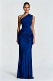 One-Shoulder Ruched Satin Maxi Dress in royal blue