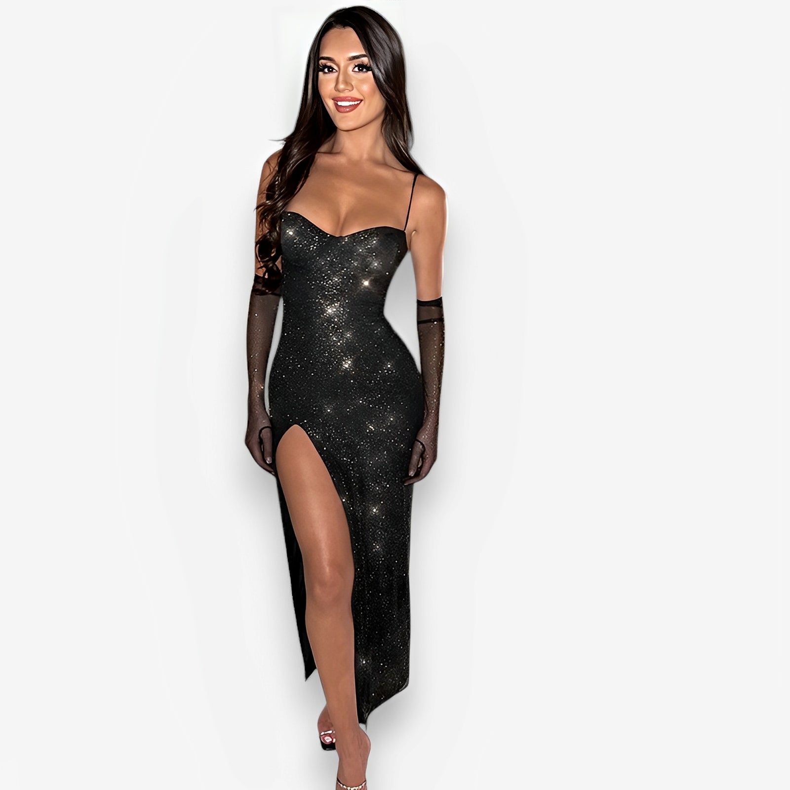 Slim sparkling slit suspender dress