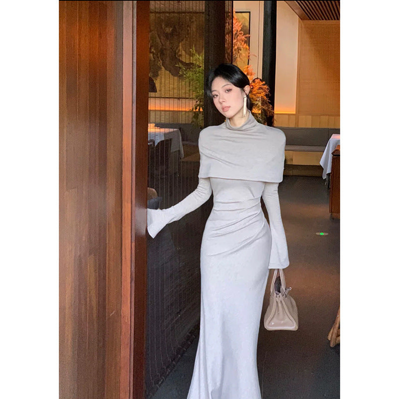Cape Sleeve Bodycon Mermaid Maxi Dress in apricot – view 5