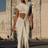 Ivory white Goddess Draped Cut-Out Gown with elegant draping and side cut-out, highlighting femininity and power.