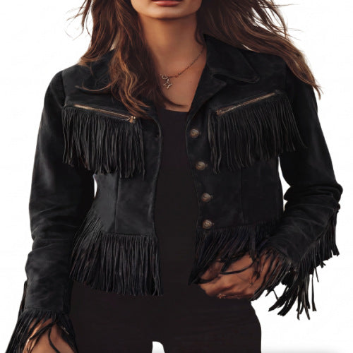 Faux Suede Fringe Western Jacket in black – view 5