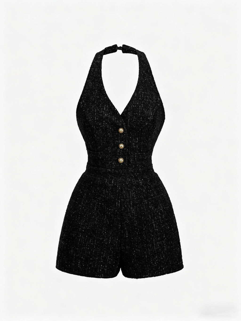 Halter Neck Buttoned Tweed Romper - Side View
