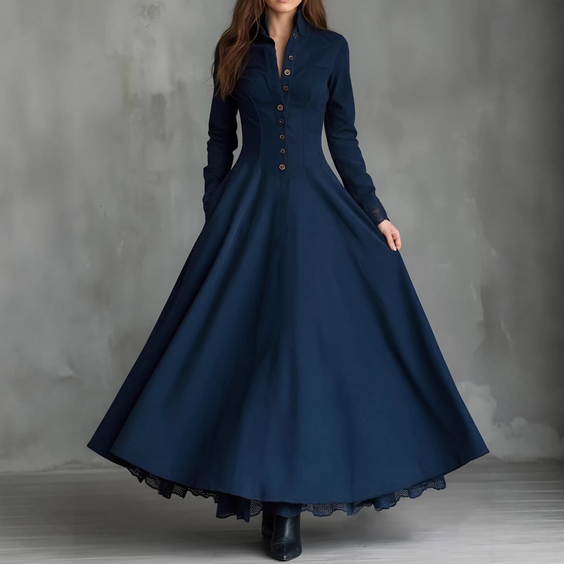 Faux Suede Lace Trim Button-Front Maxi Dress in navy – view 2