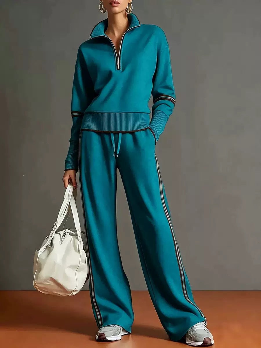 Half-Zip Knit Top and Wide-Leg Pants Set in peacock blue – view 7
