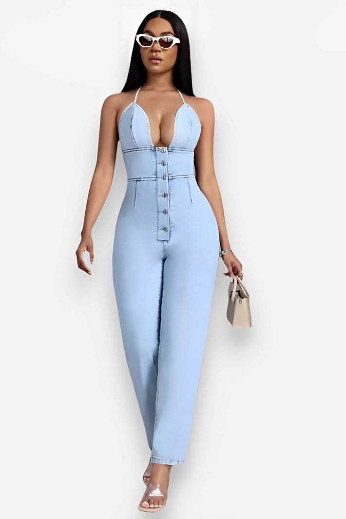 Low-cut Slim One-piece Denim Trousers - Trousers from The Woman Concept