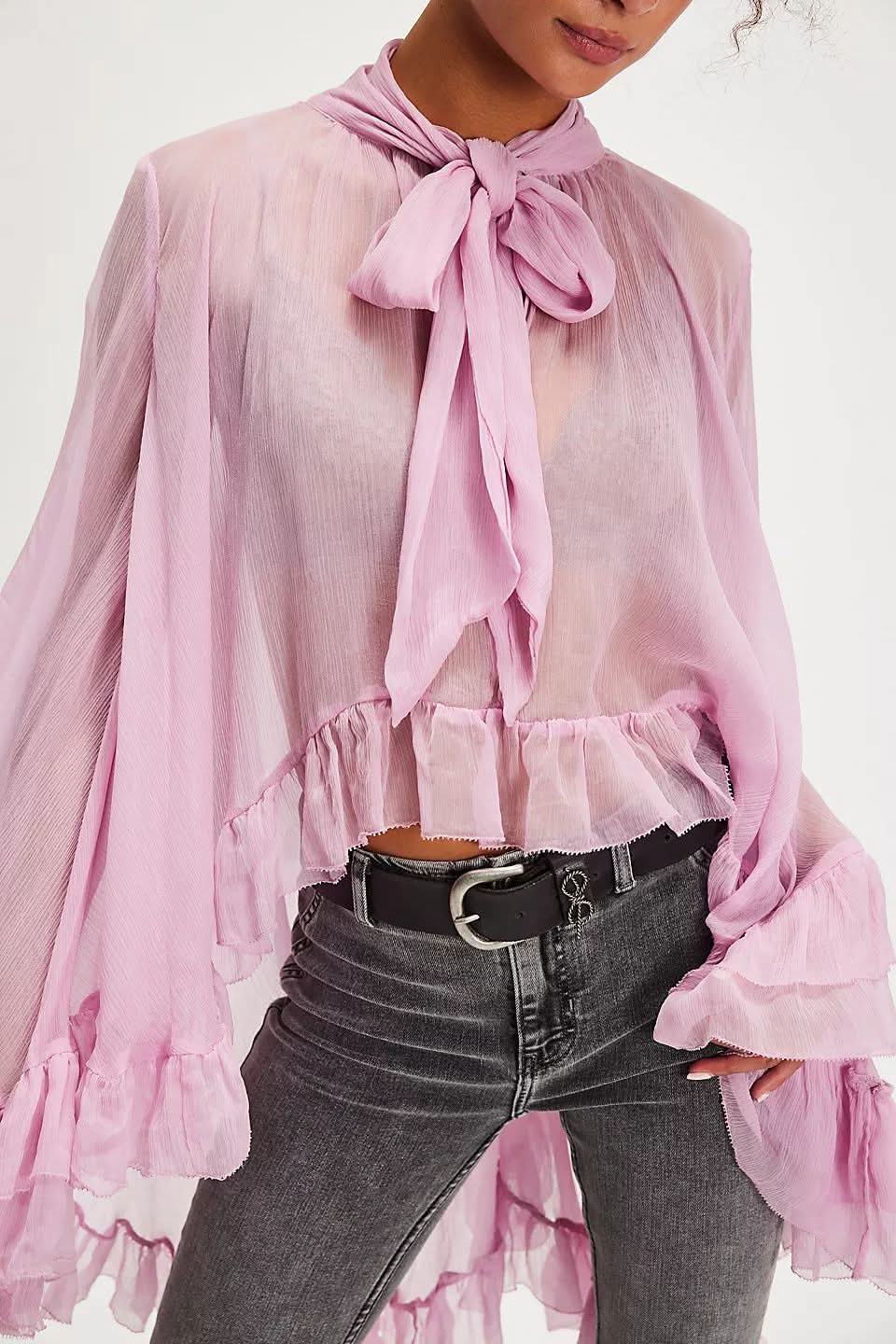 Sheer Pink Bow-Tie Ruffle Blouse - Image 4