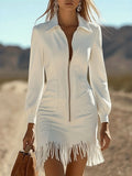 Faux Suede Fringe Western Mini Dress in ivory – view 4