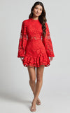 Lace Lantern Sleeve Ruffle Mini Dress in red