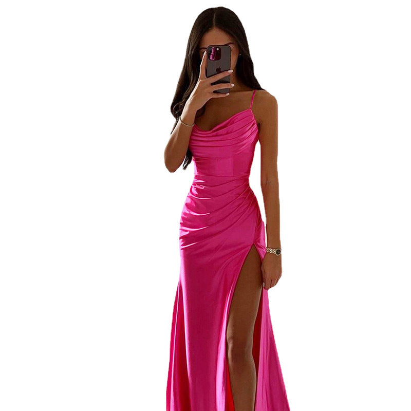 Satin Cowl Neck Ruched Slit Maxi Dress in rose red