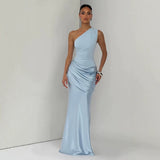 One-Shoulder Ruched Satin Maxi Dress in light blue