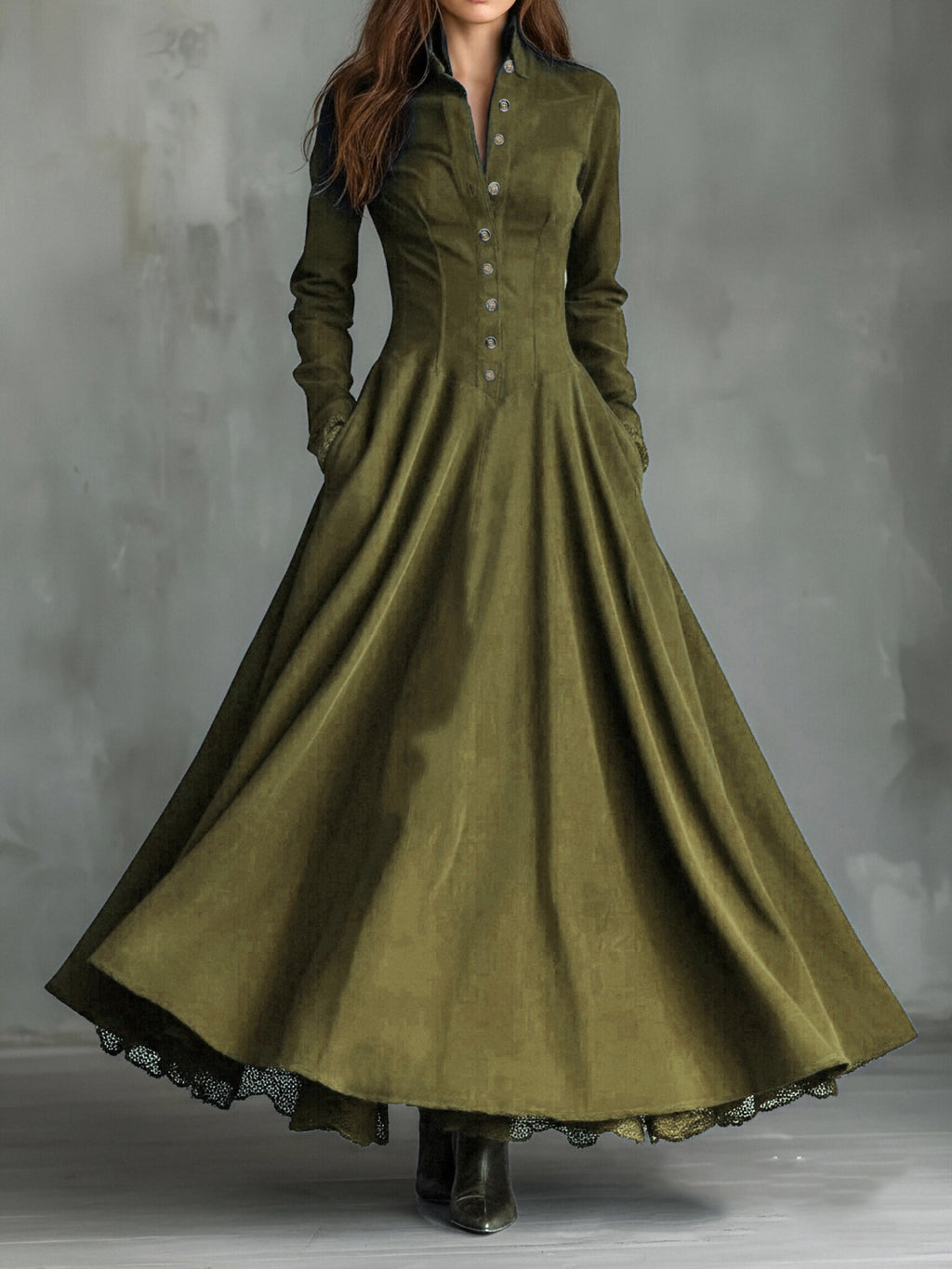 Faux Suede Lace Trim Button-Front Maxi Dress in olive – view 5