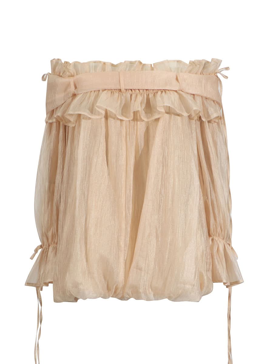 Off-Shoulder Beige Ruffle Chiffon Blouse - Image 5