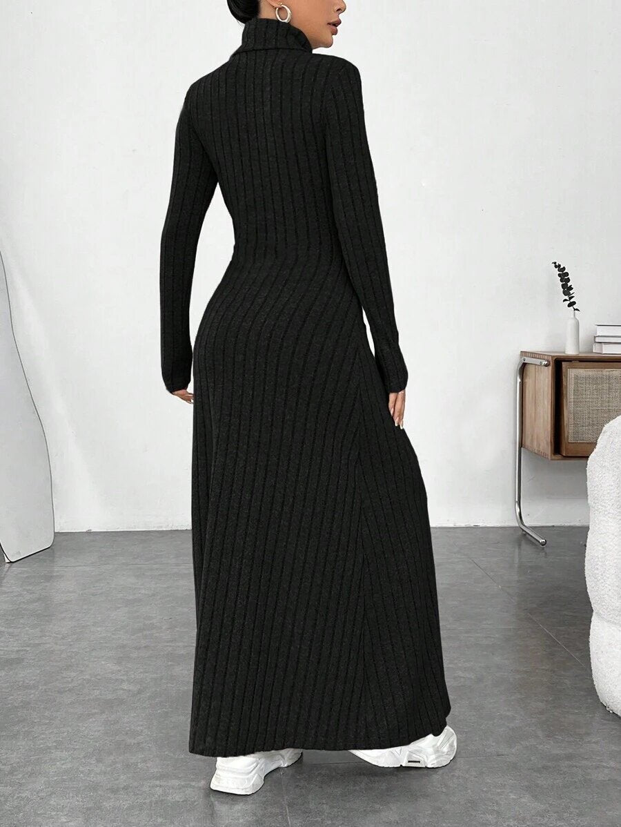 Ribbed Mock Neck Long Sleeve Maxi Dress in black – view 5