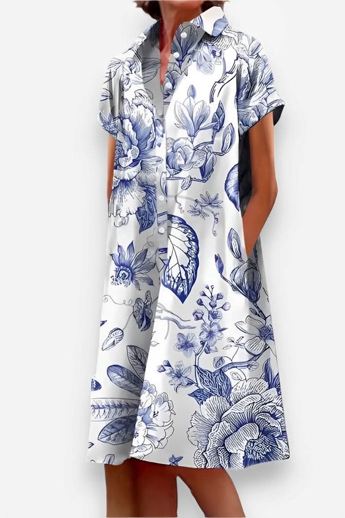 Blue and White Design Pocket Shirt Dress - Shirt Dress from The Woman Concept