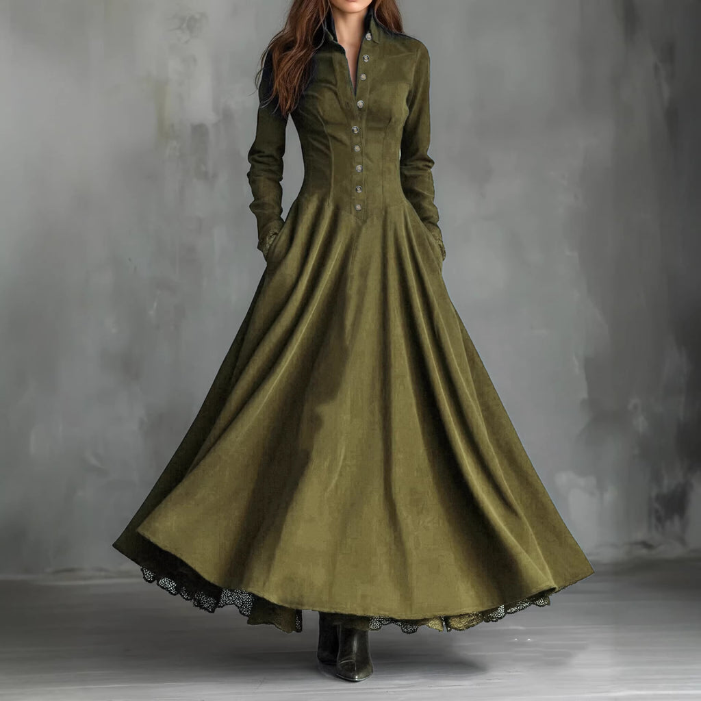 Faux Suede Lace Trim Button-Front Maxi Dress in olive – view 4