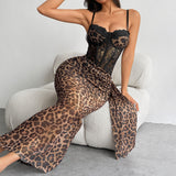 Leopard Print Lace Cami Maxi Dress in brown leopard