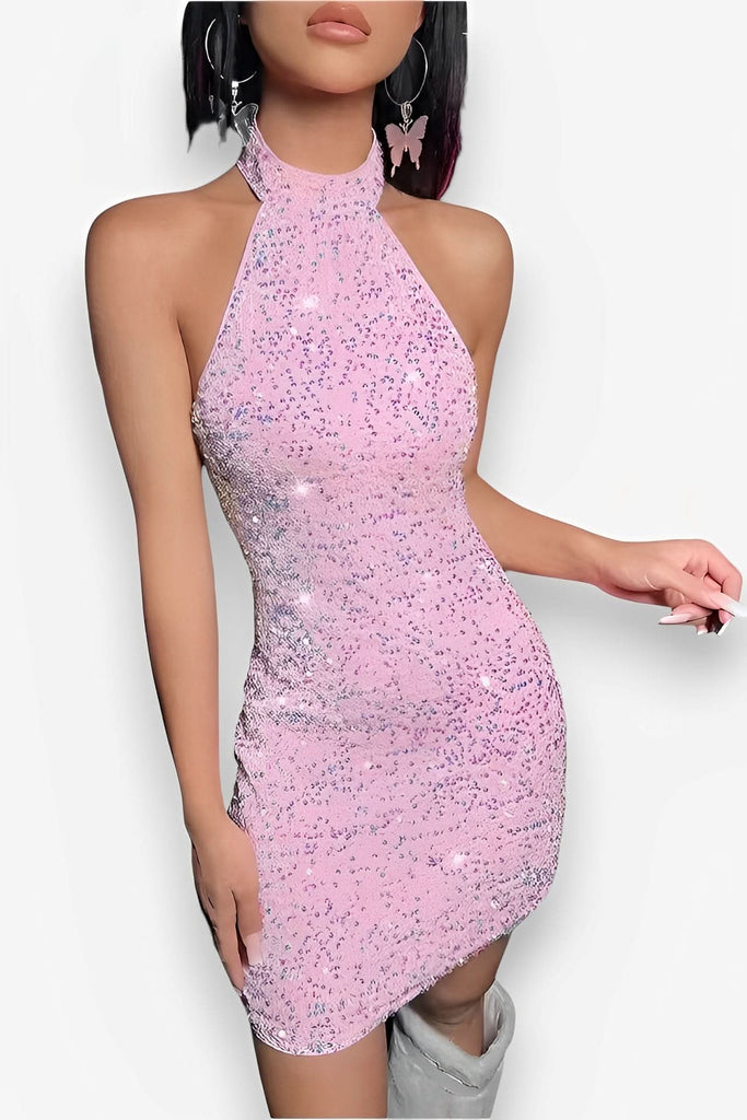 Halter Neck Backless Glitter Mini Dress - Shine All Night The Woman Concept Halter Neck Backless Glitter Mini Dress - Shine All Night The Woman Concept