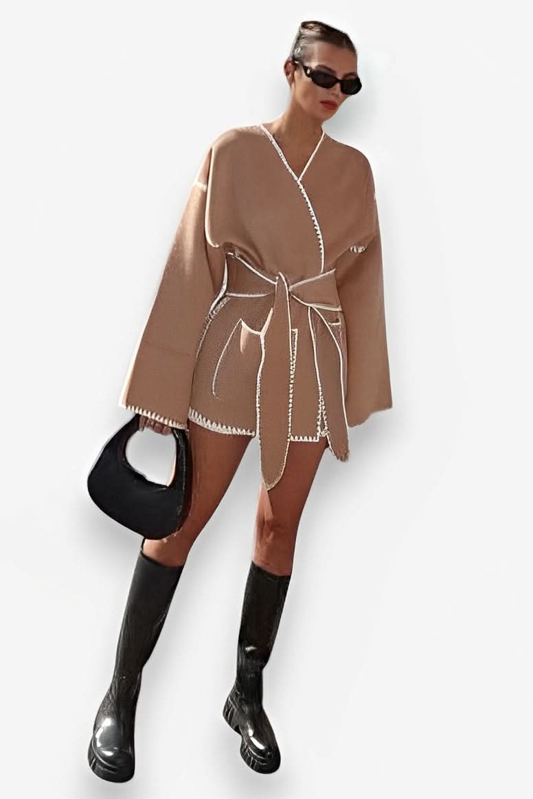 V-Neck Cardigan Belt Lace Design Jacket - Coats & Jackets from The Woman Concept