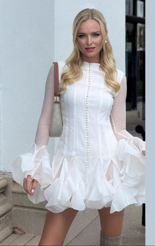 Buttoned Floral Bud Long Sleeve Slim Ruffle Dress - Image 4