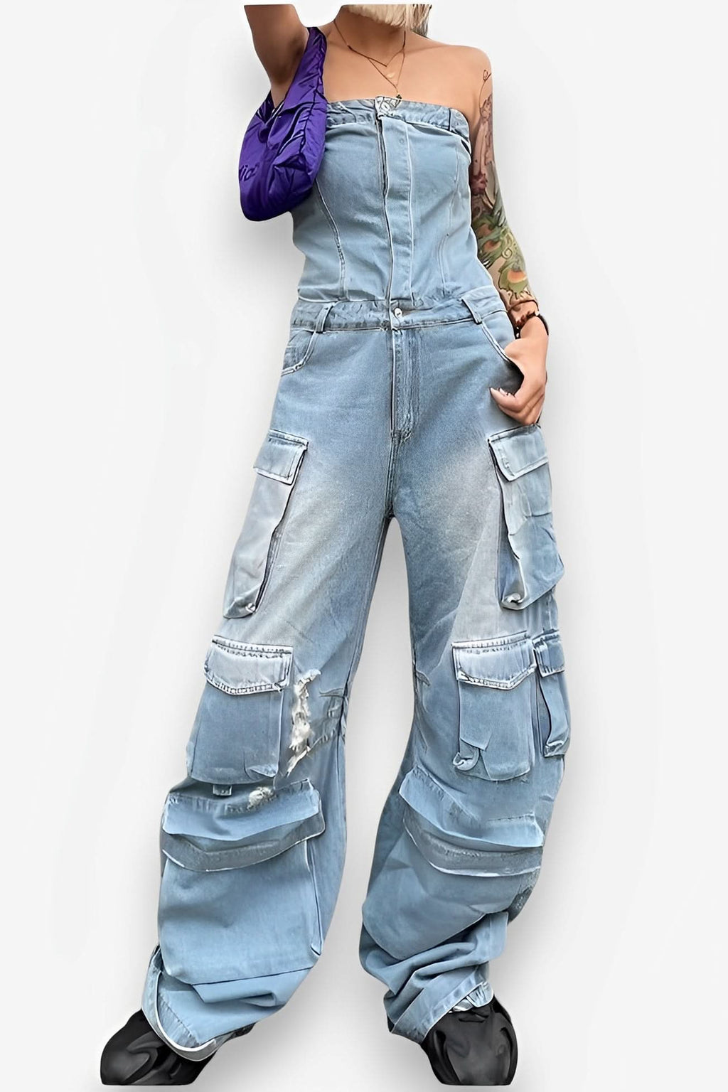 Top Waist Shaping Multi-Pocket Denim Jumpsuit - Jumpsuits & Rompers from The Woman Concept