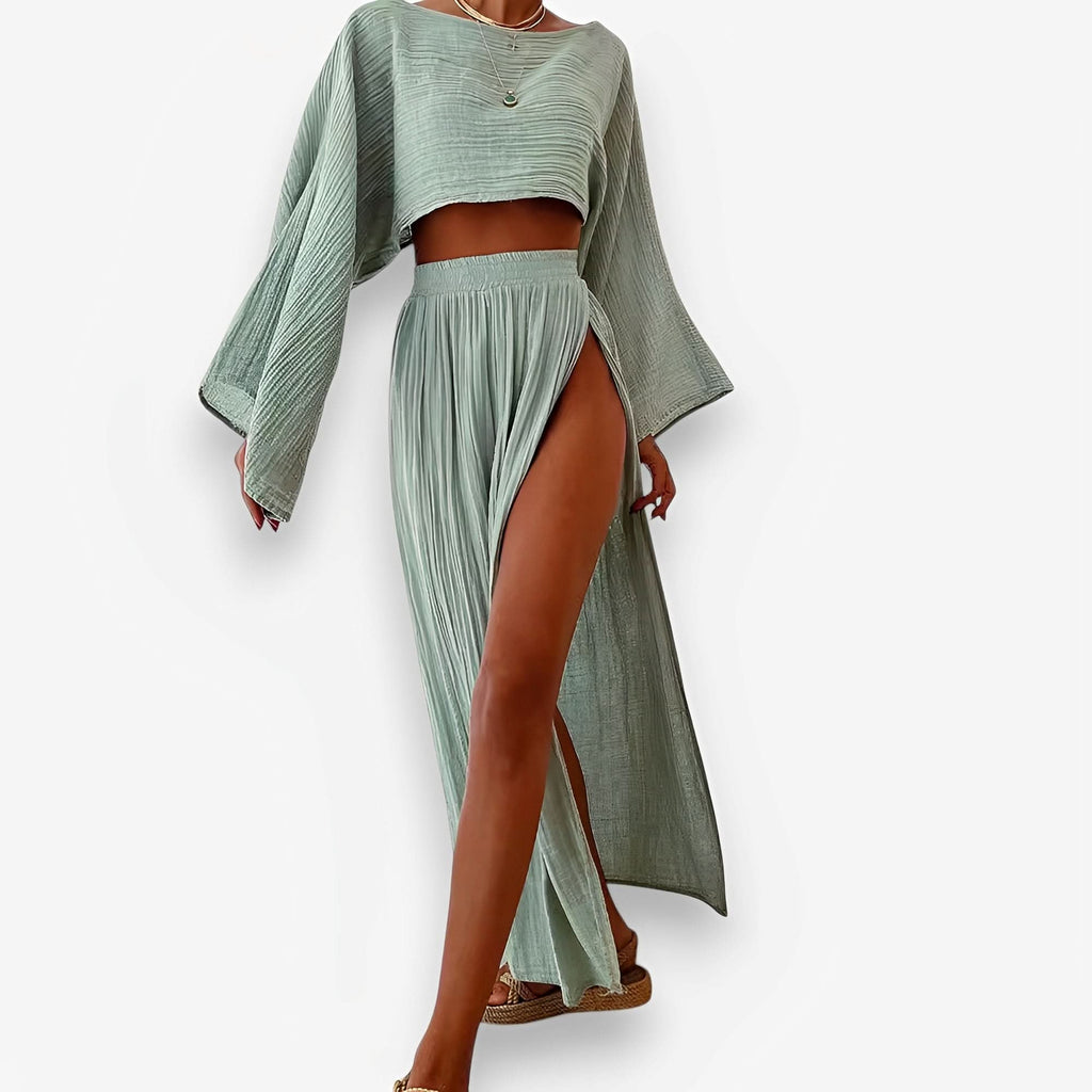 Linen Blended Cropped Top High Waist Slit Two-piece Suit - Suits from The Woman Concept