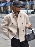 Double-Breasted Cropped Wool-Look Jacket in khaki