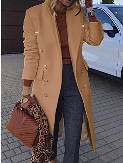 Double-Breasted Longline Wool-Look Coat in khaki – view 5