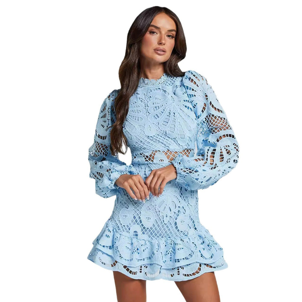 Lace Lantern Sleeve Ruffle Mini Dress in light blue – view 4