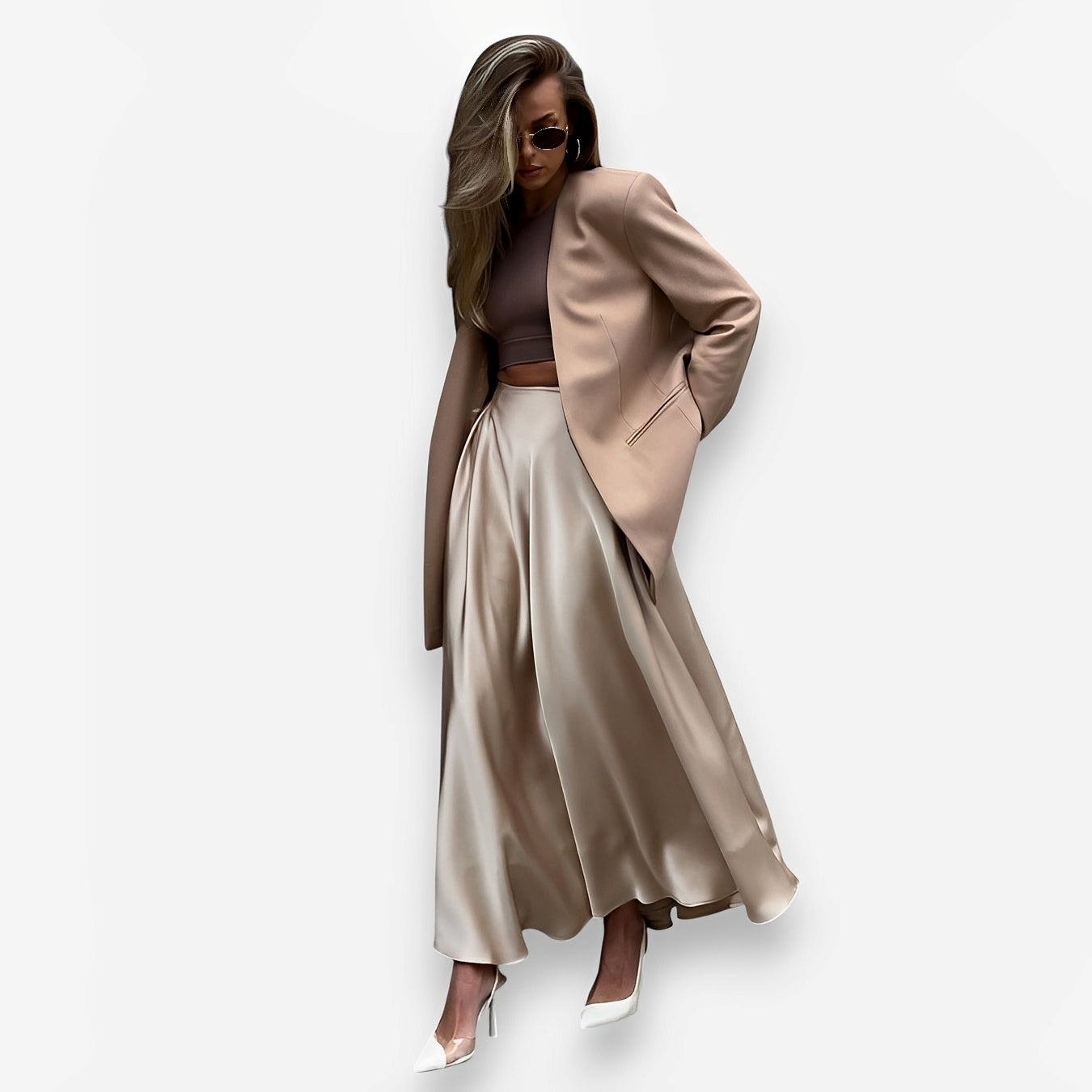 Elegant high-waisted satin long skirt