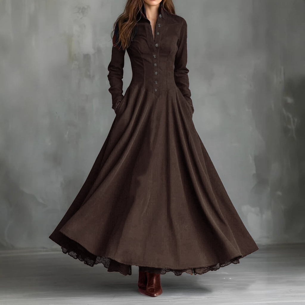 Faux Suede Lace Trim Button-Front Maxi Dress in brown – view 7