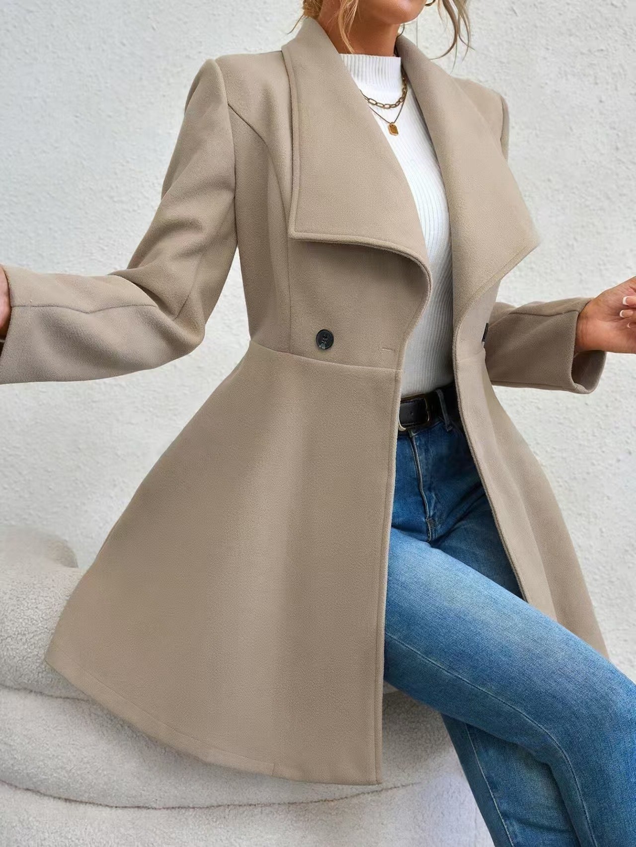 Slim Lapel Wool-Look Midi Coat in off white