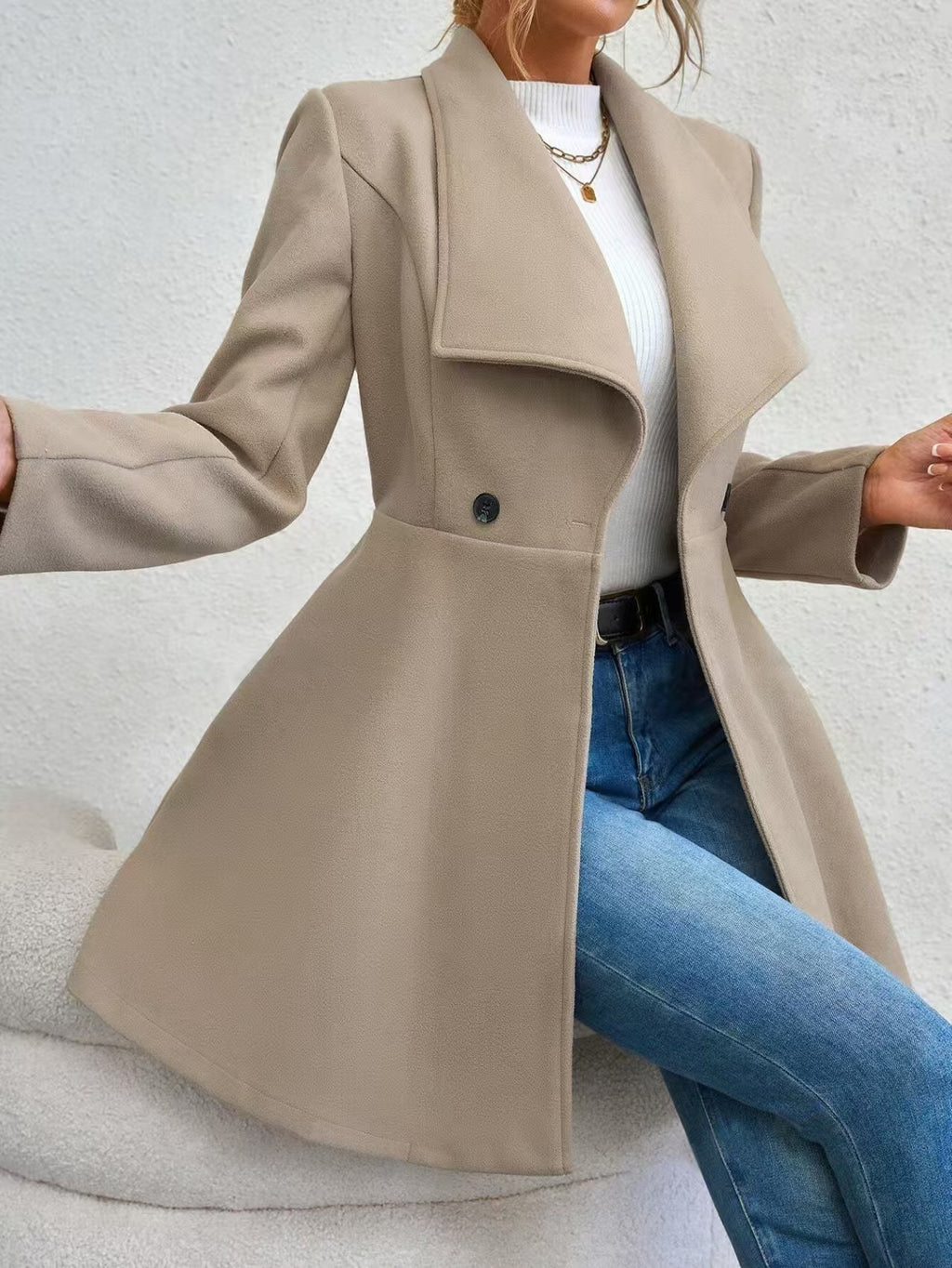 Slim Lapel Wool-Look Midi Coat in off white