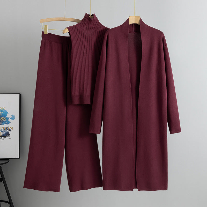 Three-Piece Knit Set with Long Cardigan in burgundy – view 4