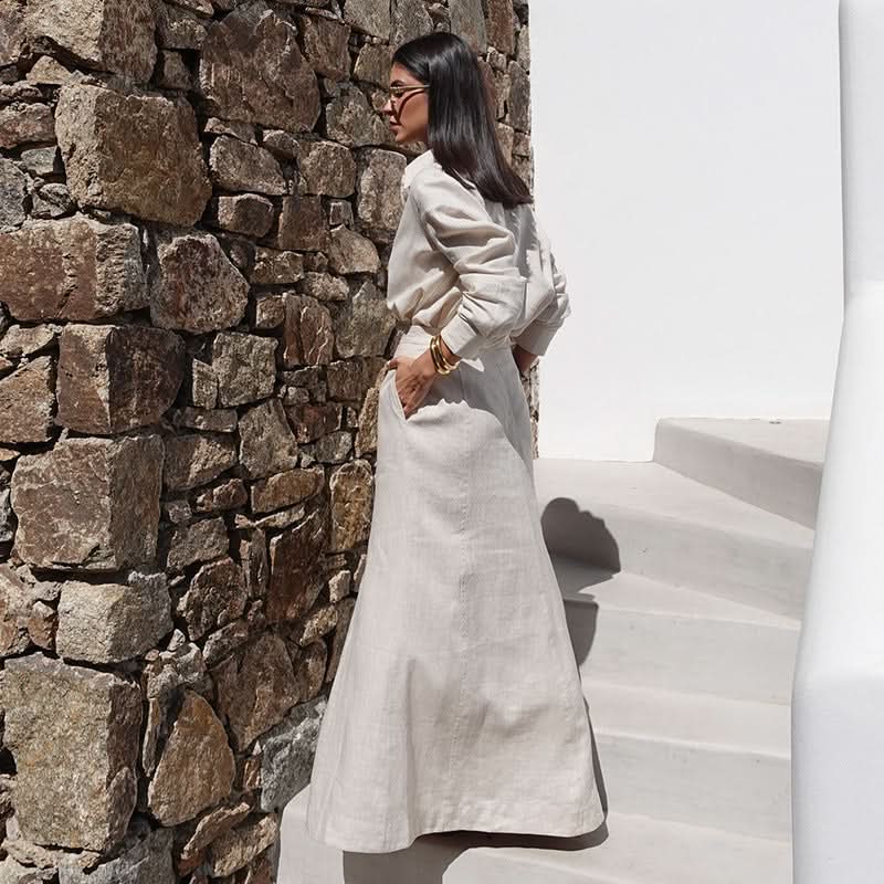 Beige Two-Piece Skirt Suit with Plunge Blouse - Image 5